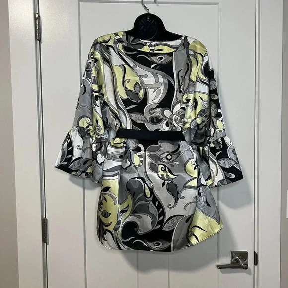 Studio 1940 Tops - Vintage Y2K Paisley Shirt Womens Size 14 Yellow & Gray Satin Silky Retro Belted